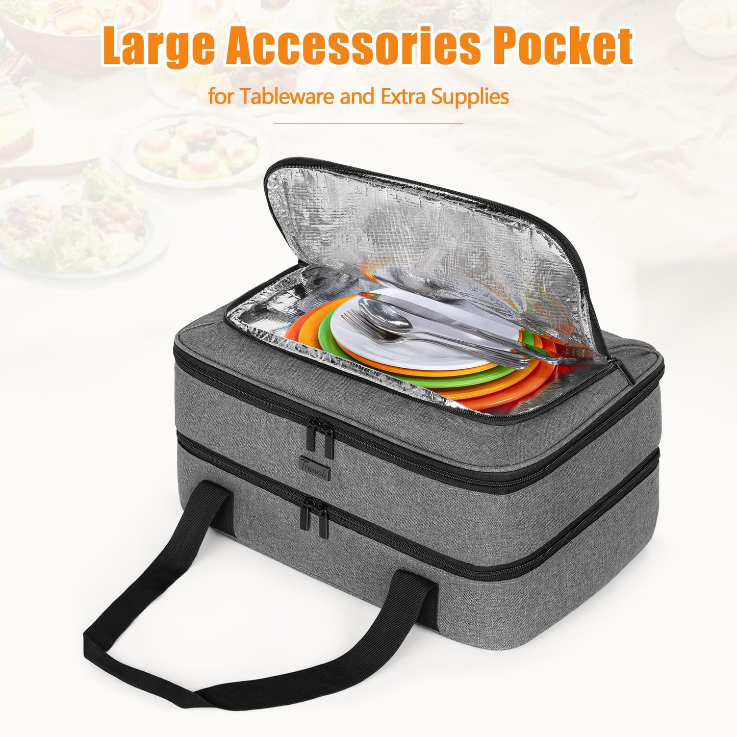 Trunab Casserole Carrier for Hot or Cold Food Insulated Casserole Dish Carrier Thermal Tote Bag for Picnic, Fits 9"×13" Baking Dish, 11 x 15 Foil Pans, Grey