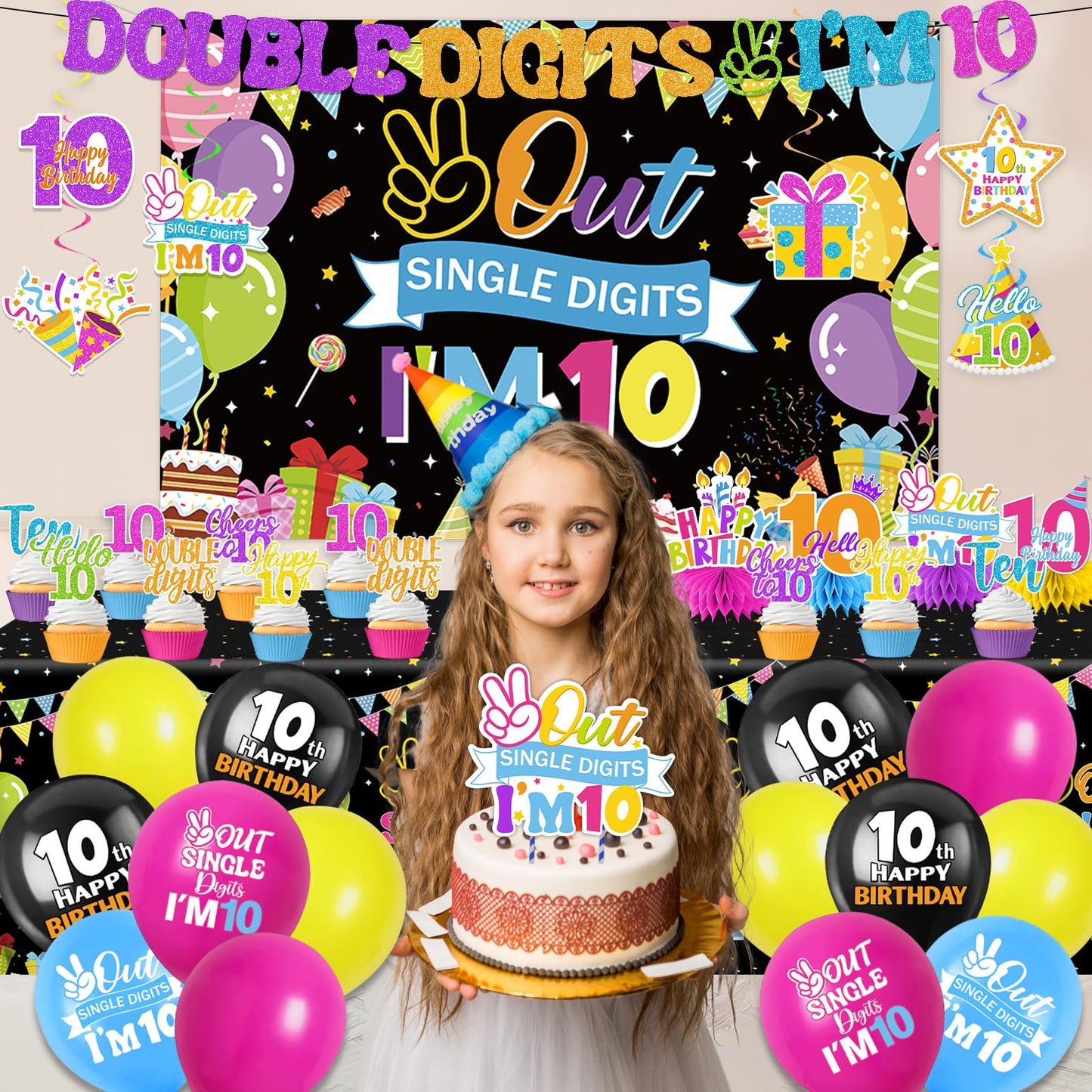 10th Birthday Decorations for Girl,172pcs 10 Year Old Girl Birthday Decorations Double Digits Birthday girl Plates and Napkins Cups Tablecloth Banner Honeycomb for Peace Out Single Digits Party Decor