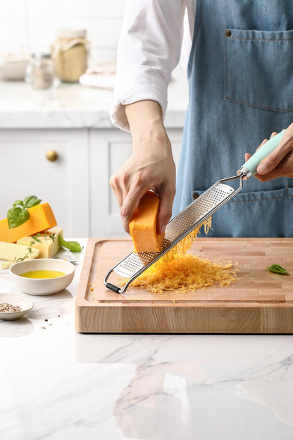 Spring Chef Stainless Steel Lemon Zester Grater with Handle - Garlic, Cheese, Parmesan, Nutmeg, Lime, Ginger Grater - Heavy Duty Kitchen Tool - Citrus Zester with Blade Cover - Fine Shred - Mint