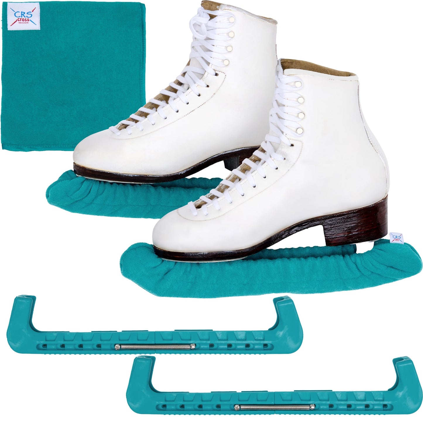 CRS Cross Ice Skate Guards, Soakers and Towel Gift Set. Essential Ice Skating Hard Guard and Soft Skate Blade Cover Accessories for Figure Skating or Hockey (Triple Teal, Large)