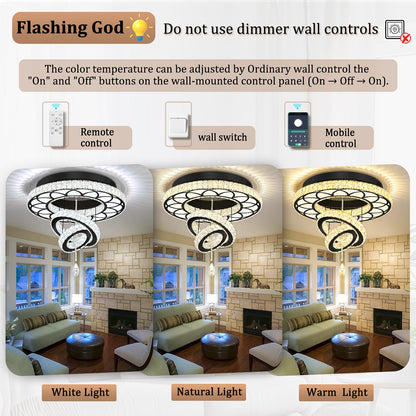 Flashing God Dia 24" Modern Crystal Chandelier for Dining Room Black Ceiling Chandelier Flush Mount Ceiling Light for Living Room Bedroom Hallway