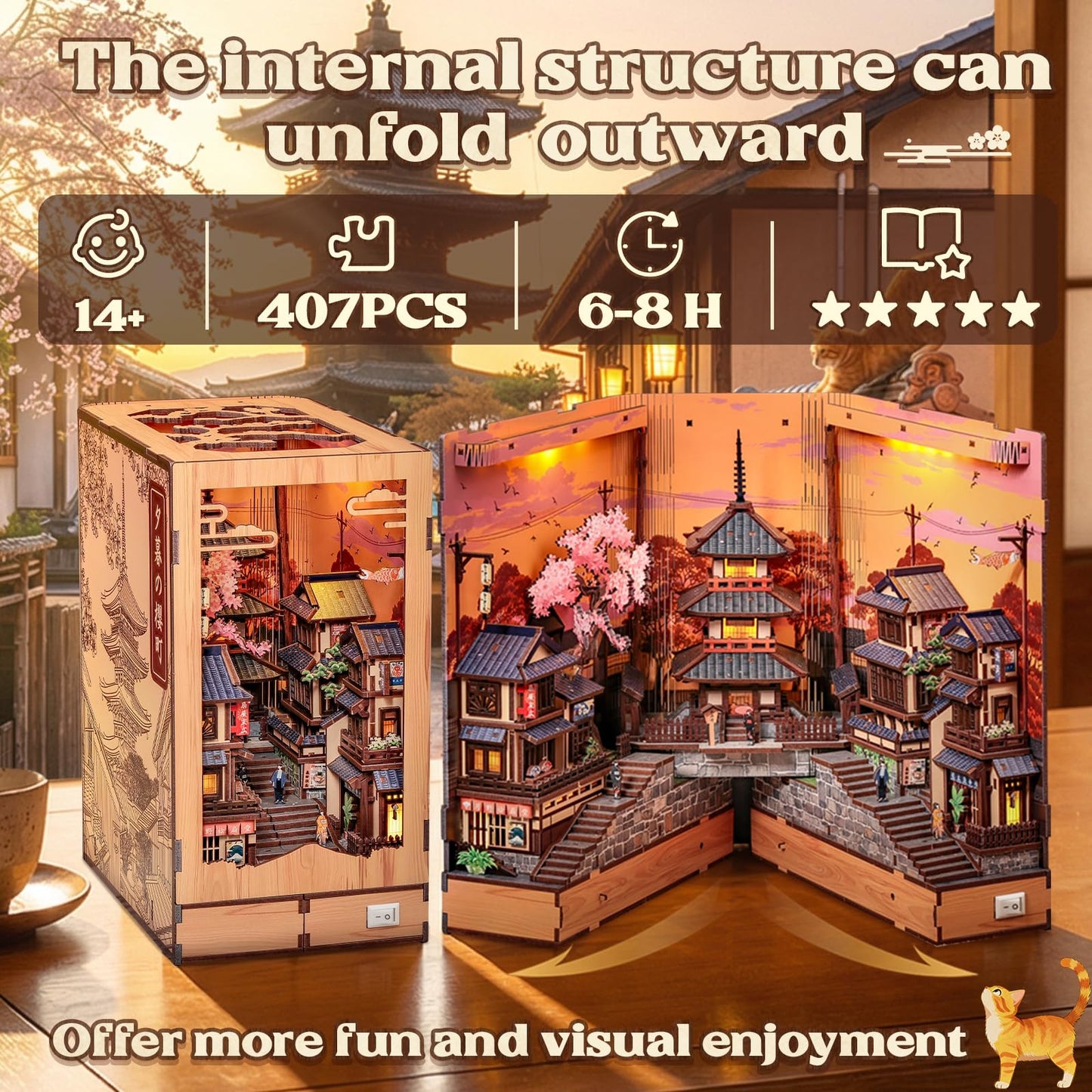 CUTEBEE Book Nook Kit – DIY Miniature House Diorama Kit for Adults, Japanese Kyoto Street Booknook Twilight Sakura Path, 3D Wooden Puzzle Bookshelf Insert, Fold-Out Dollhouse Decor Gift