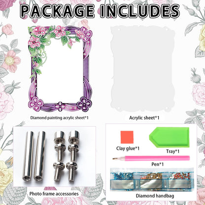 5D Diamond Art Painting Kits Photo Frames with Stand, Flowers Diamond Art Kits Photo Frame Desktop, 5D Special Shape Crystal Rhinestones Diamond Art Kits for Home Living Room Office Table Top Decor