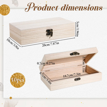 Oqqlin 10 Pack Wooden Box with Hinged Lid, Unfinished Wooden Boxes for Crafts 7.87 x 3.9 x 1.96 Inch Large Unpainted Paulownia Wood Box for DIY Crafts and Jewelry Storage