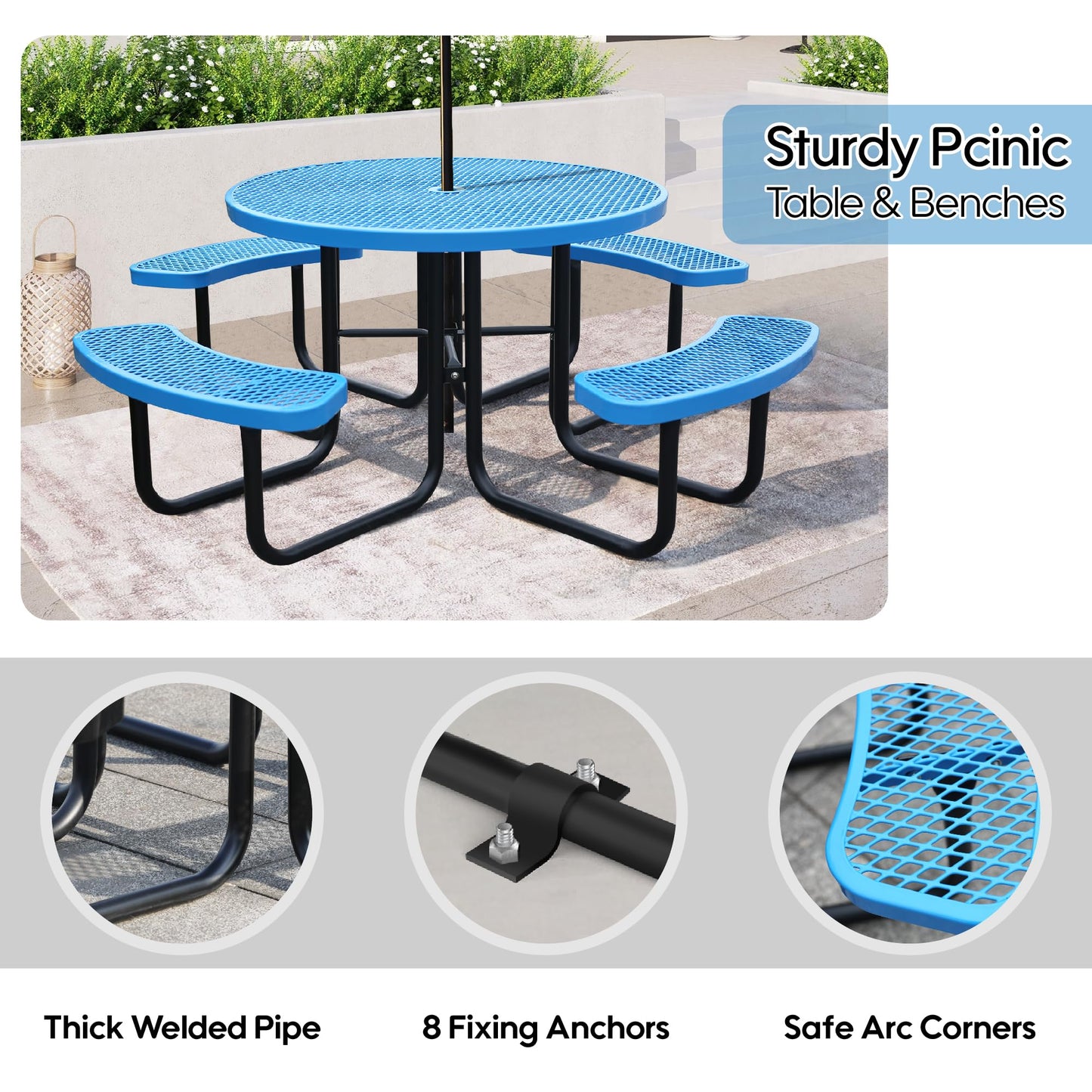 Sunnibety 8-Person Picnic Tables for Outdoors, Industrial 46" Expanded Metal Round Picnic Table with 4 Benches & Umbrella Hole, Outside Table and Bench Set for Park, Garden, Backyard, Patio, Blue