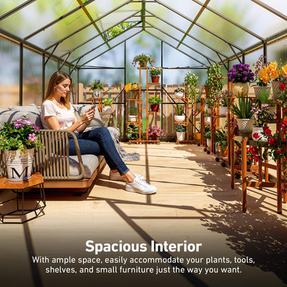 SYLVIERA 8x14FT Walk-in Greenhouse with Hygrometer,Polycarbonate Green House with UV Protection, Heavy Duty Greenhouse with Windproof Aluminum Frame, Roof Vent & Quick-Install Design