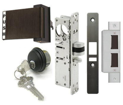 Adams Rite Style Deadlatch Storefront Door Set - Push Paddle Exit, Deadlatch Bolt, with Mortise Lock Cylinder & Two Keys, Durable, Polished Finish, Duronotice Bronze, Left Hand, 1-1/8" Backset
