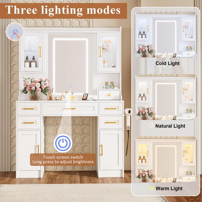 YBXGO Vanity Desk with Mirror and Light, Makeup Vanity Table with Drawer and Storage Dresser, 3 Lighting Modes Adjustable Brightness, Bedroom Dressing Table