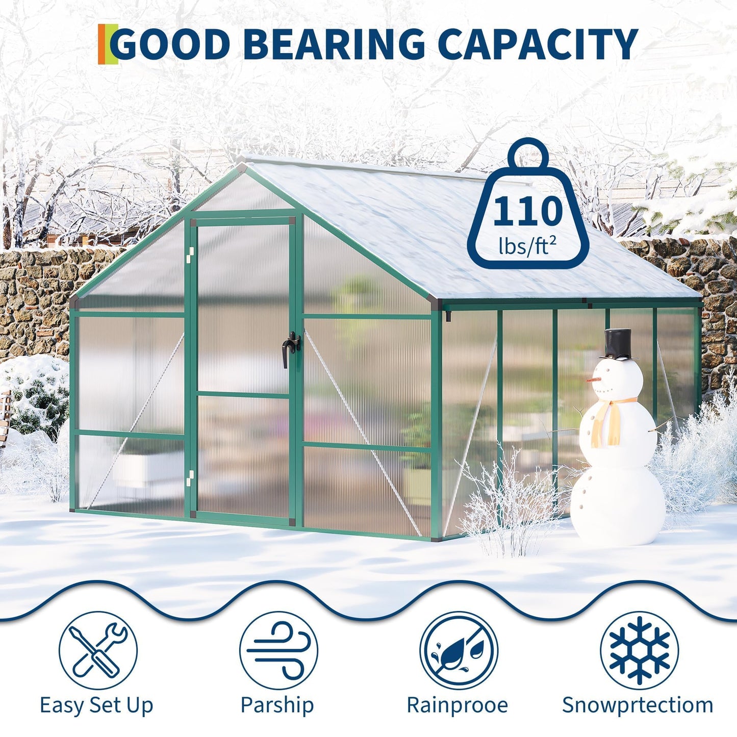 8X10 FT Greenhouse for Outdoors, Polycarbonate Flower Greenhouse with Roof Vent, Push-Pull Lockable Door, Aluminum Walk-in Greenhouses for Outside Garden Backyard, Patio, Lawn, Green