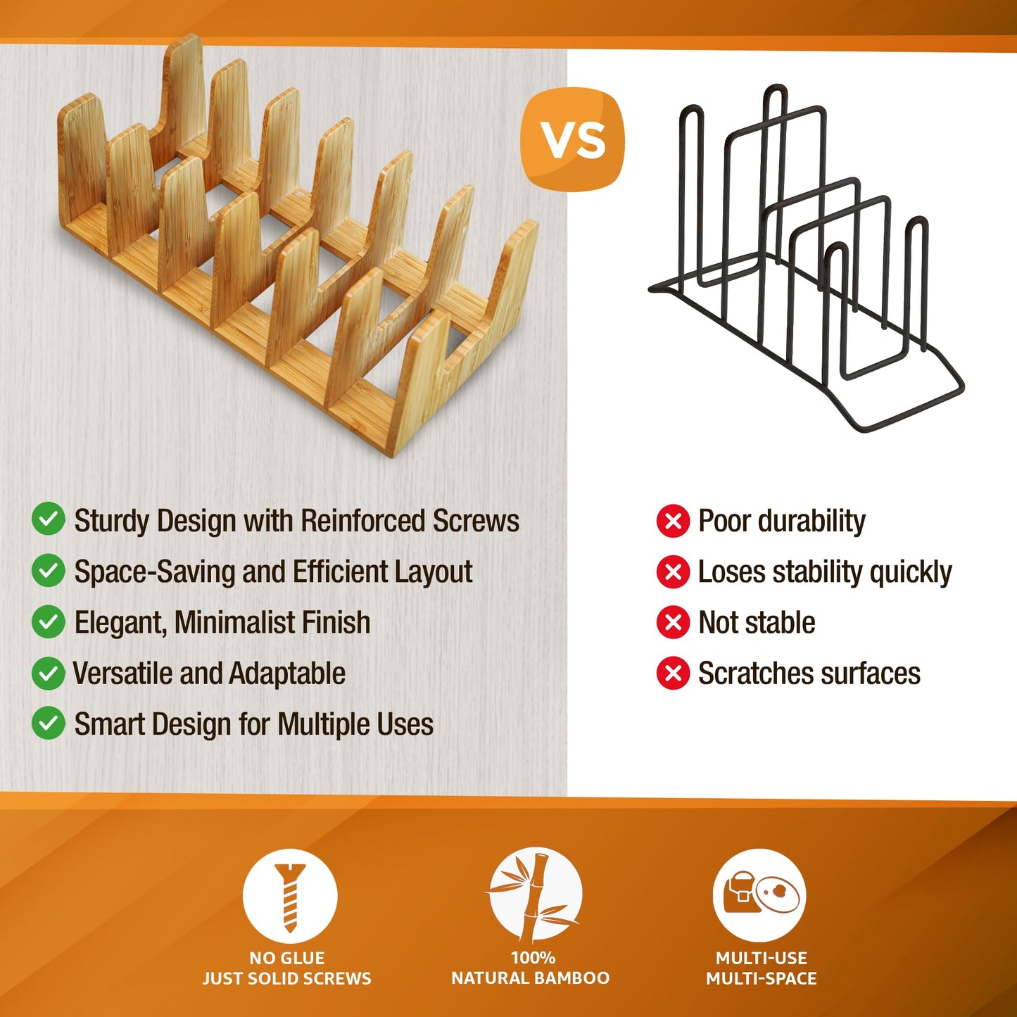 KANDOHAUS Kitchen Cabinet Organizer - Sturdy Bamboo Pot and Pan Organizer for Inside Cabinet - Multiuse Lid Organizer - Durable & Minimalist Kitchen Cabinet Organizer