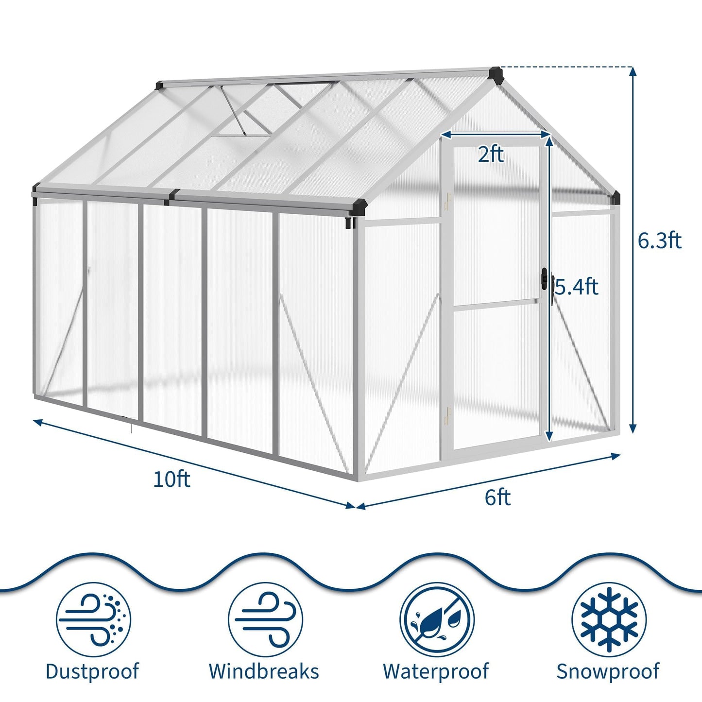 6X10 FT Greenhouse for Outdoors, Polycarbonate Flower Greenhouse with Roof Vent, Push-Pull Lockable Door, Aluminum Walk-in Greenhouses for Outside Garden Backyard, Patio, Lawn, Silver