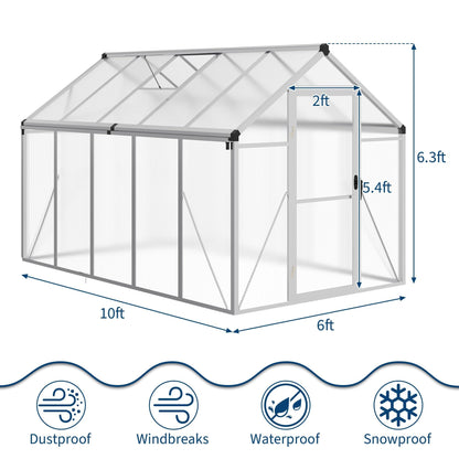 6X10 FT Greenhouse for Outdoors, Polycarbonate Flower Greenhouse with Roof Vent, Push-Pull Lockable Door, Aluminum Walk-in Greenhouses for Outside Garden Backyard, Patio, Lawn, Silver