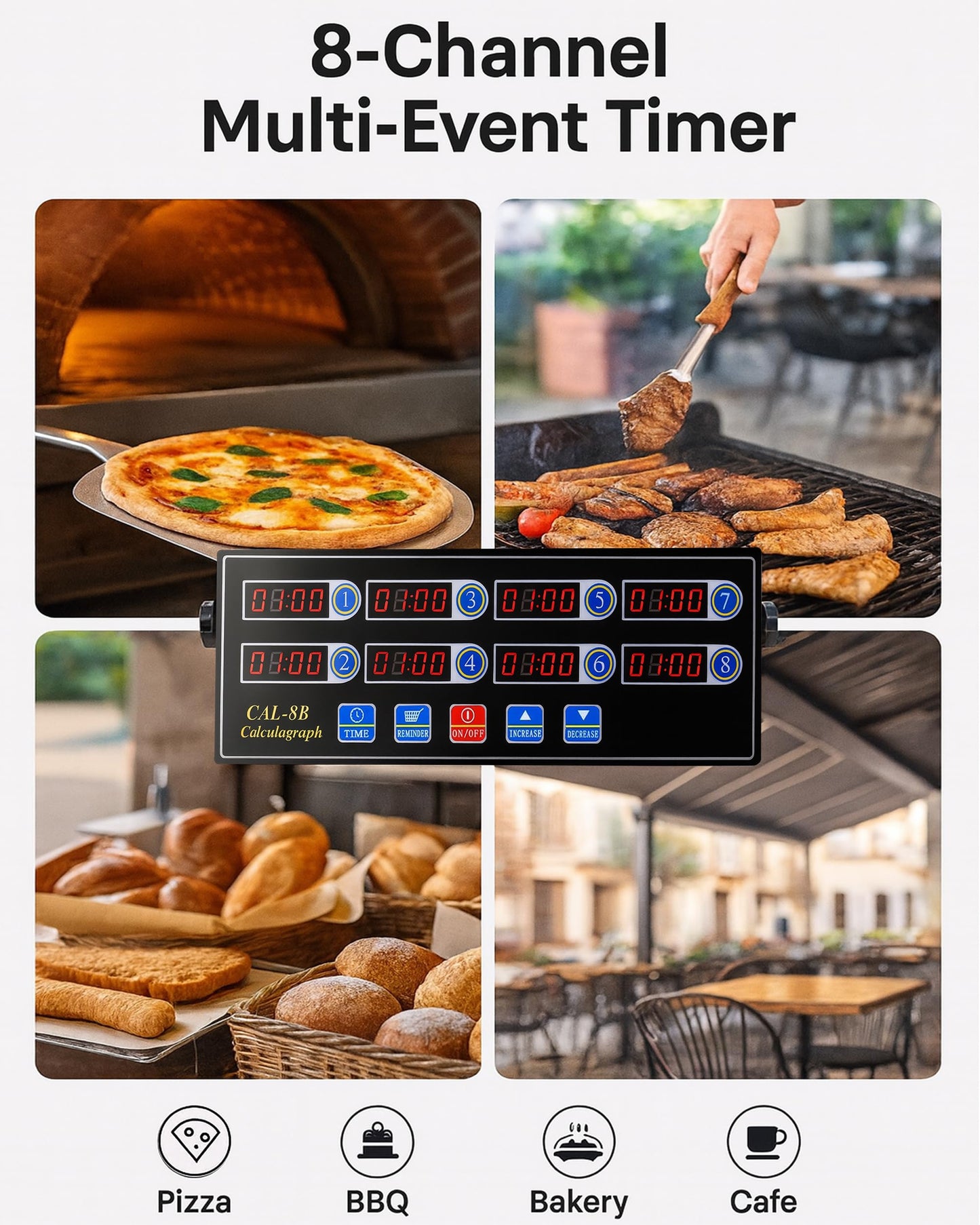 EVEDMOT Commercial 8 Channels Digital Kitchen Timer, Stainless Steel Calculagraph Timer with Loud Alarm for Restaurant, Clock Reminder on Multiple Events