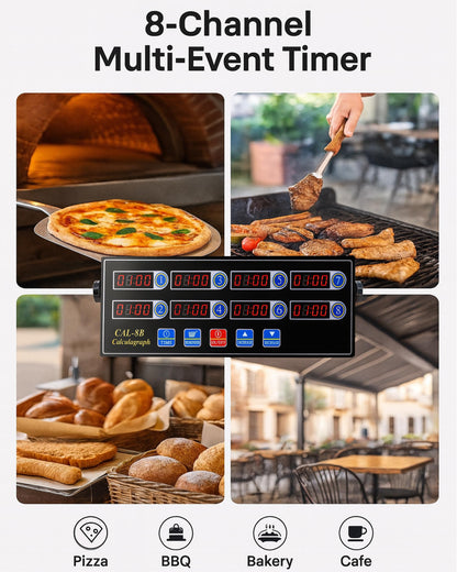 EVEDMOT Commercial 8 Channels Digital Kitchen Timer, Stainless Steel Calculagraph Timer with Loud Alarm for Restaurant, Clock Reminder on Multiple Events