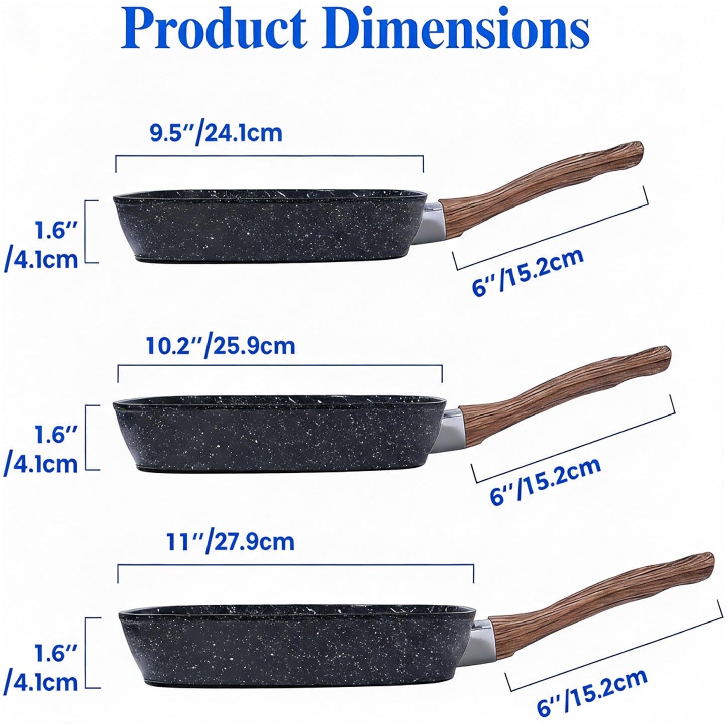 Simple Deluxe 3 Pieces Nonstick Grill Pan Set, Square Versatile Griddle Pans with Wooden Handle, Durable Skillet Indoor & Outdoor Use, All Stovetops Compatible(9.5", 10.2", 11"), PFOA Free, Black