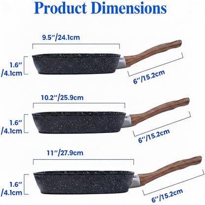 Simple Deluxe 3 Pieces Nonstick Grill Pan Set, Square Versatile Griddle Pans with Wooden Handle, Durable Skillet Indoor & Outdoor Use, All Stovetops Compatible(9.5", 10.2", 11"), PFOA Free, Black