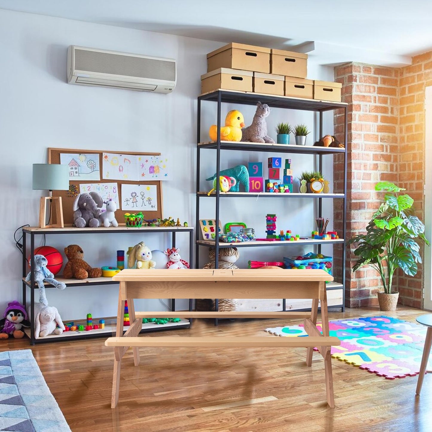 3 in 1 Outdoor Wooden Picnic Table with Umbrella, Convertible Sand Wate, Gray CPSIA Certification
