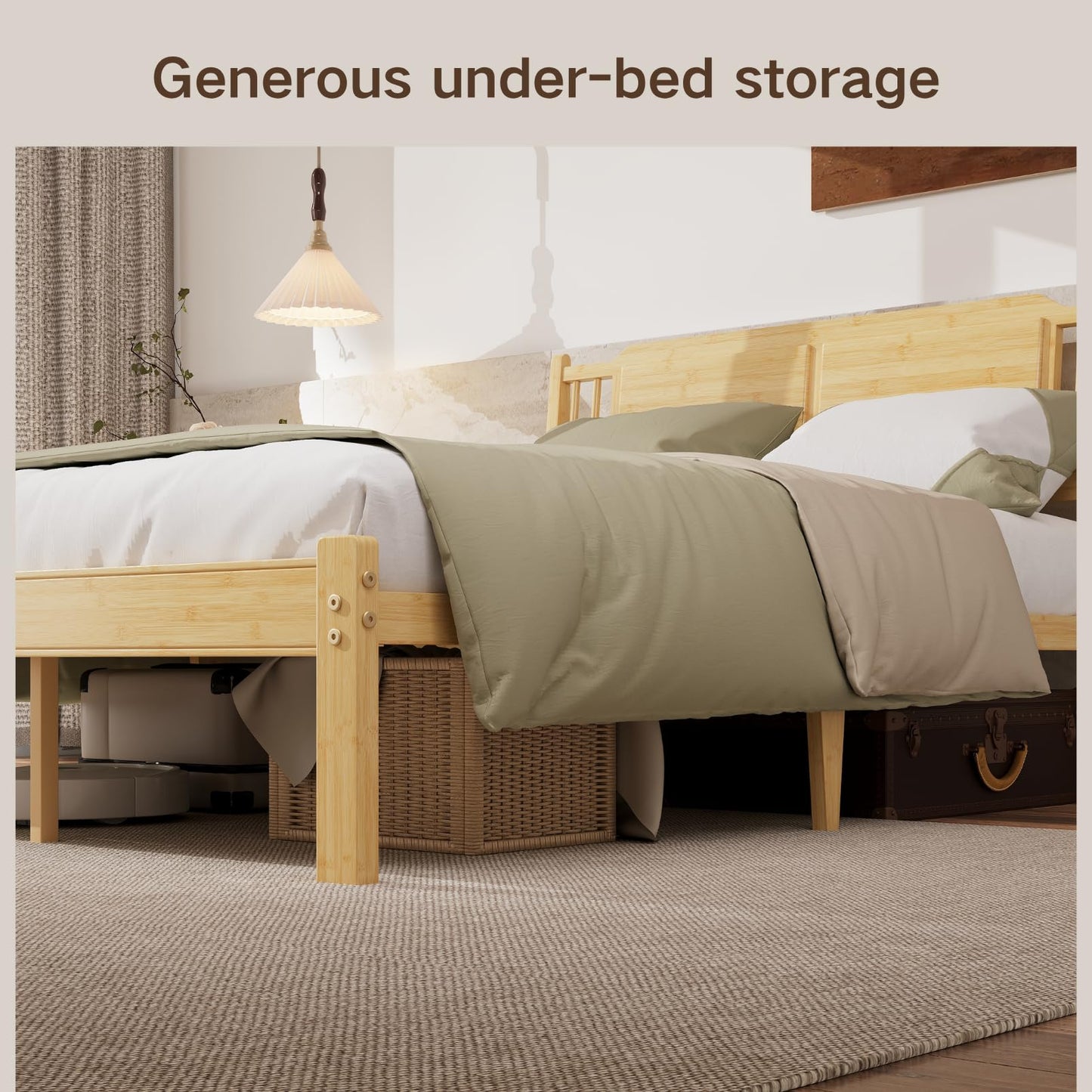 COMASACH Full Size Bed Frame with Headboard, 14 Inch Full Bamboo Wood Platform Bed, Heavy Duty Metal Slat Support, No Box Spring Needed, Easy Assembly