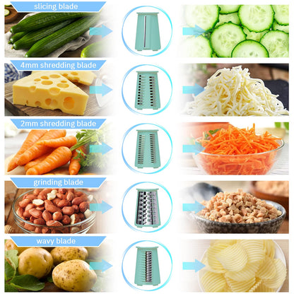 ENERGEVITY Manual Rotary Cheese Grater with Handle, 5 in 1 Replaceable Stainless Blades Cheese Shredder,Strong Suction Base Vegetable Slicer with Cleaning Brush & Bonus Storage Box for Blades (green)
