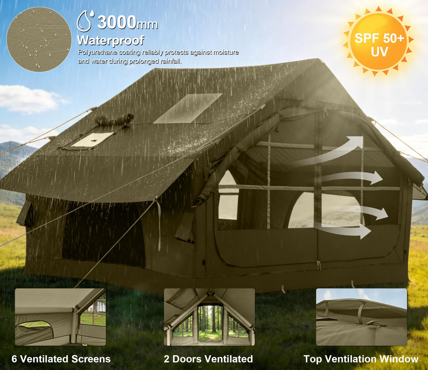 Inflatable Tents for Camping with Stove Jack,4-6 Person Easy Setup Blow Up Tents for 4 Seasons Waterproof Inflatable Camping Tent with Clear Skylight, Air House Glamping Tents for Adult