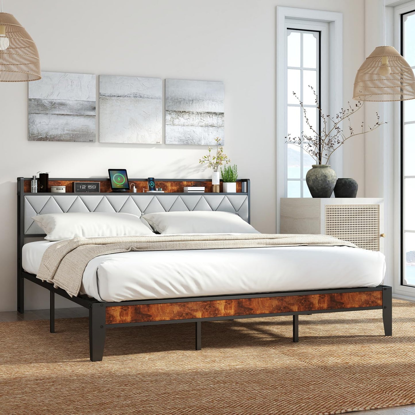UOCFYK Queen Bed Frame, Platform Bed Frame with Storage Headboard with Charging Station, All Sturdy Metal Support, No Box Spring Needed, Easily Assemble, Grey + Brown