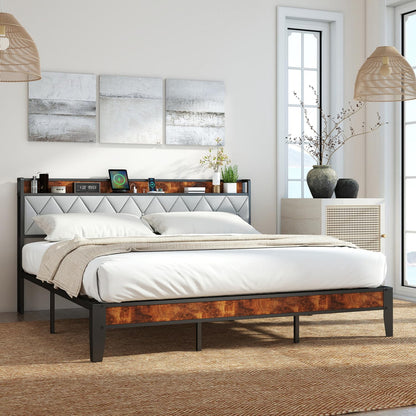 UOCFYK Queen Bed Frame, Platform Bed Frame with Storage Headboard with Charging Station, All Sturdy Metal Support, No Box Spring Needed, Easily Assemble, Grey + Brown