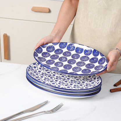 Selamica Serving Platters Ceramic, 12 Inch Serving Dishes for Party Entertaining, Oval Serving Plates for Sandwich, Appetizer, Fruit, Microwave Dishwasher Safe, Set of 4, Vintage Blue