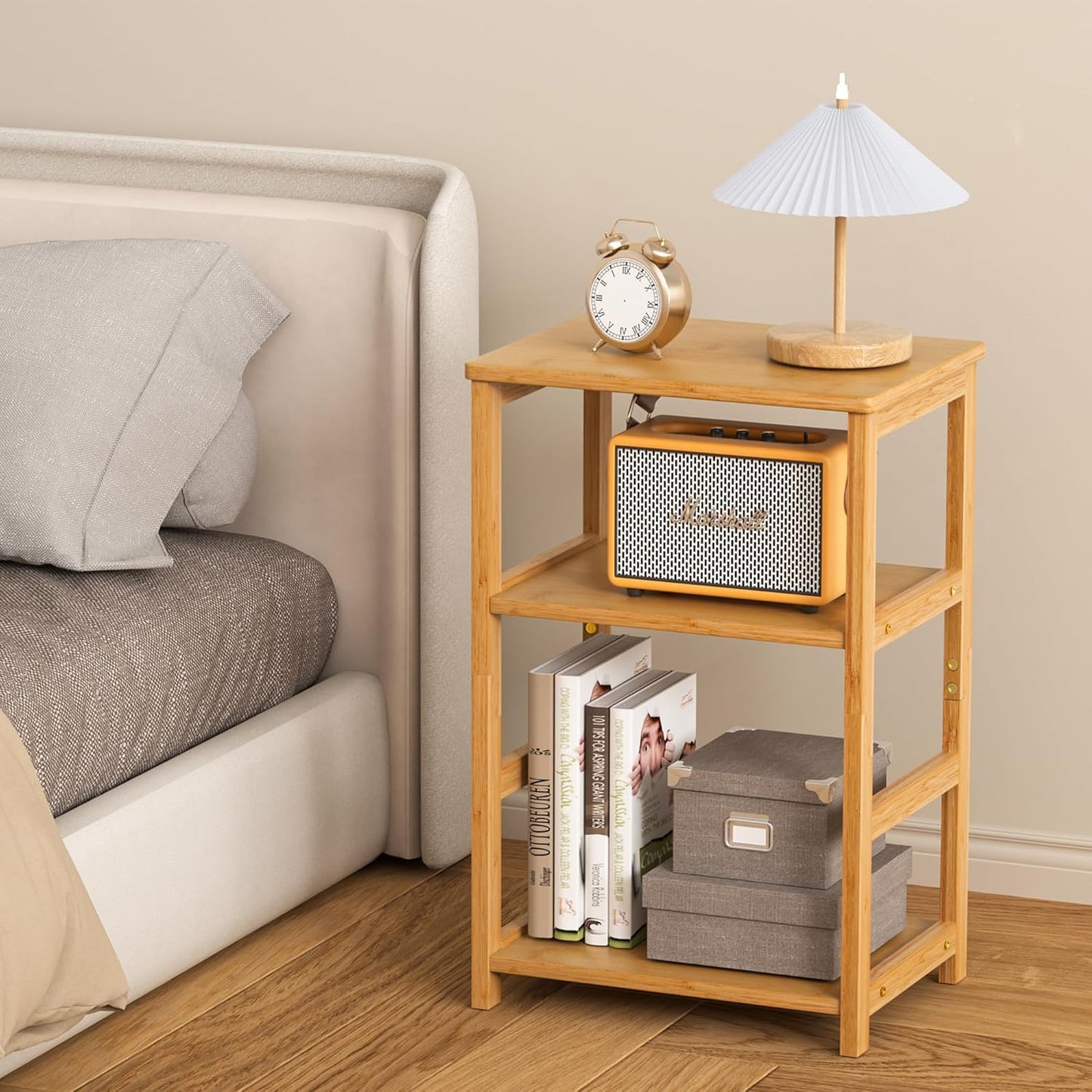 VASMIA 3-Tier End Table, Side Table with Storage Shelf, Bamboo Nightstand Bedside Table for Small Spaces, Bedroom