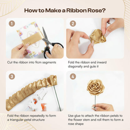 Caydo 1-1/2 Inch Satin Ribbon Flower Making Kit for Birthday Gifts, 50 Yards Champagne Gold Ribbon with Floral Stem Wire, Wrapping Paper, Glue Stick, 3D Butterfly and Diamond Pins