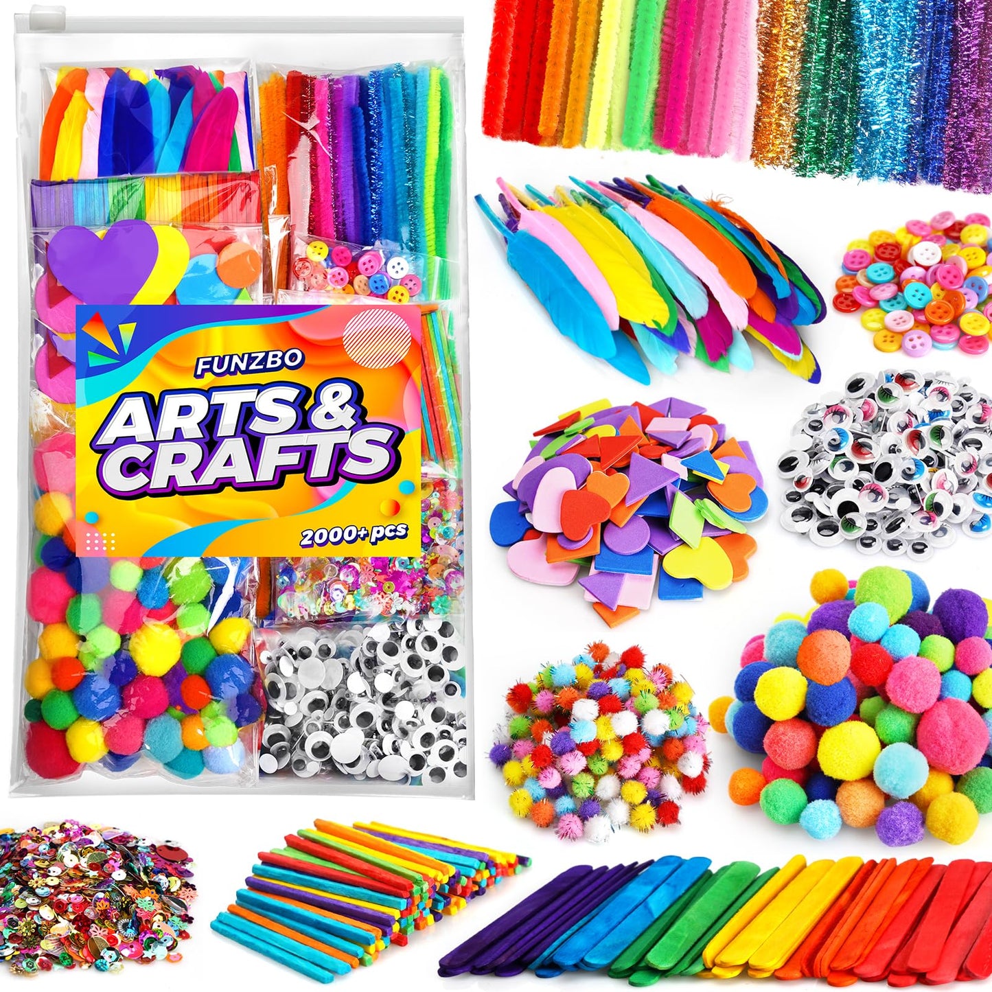 FUNZBO 2000Pcs+ Arts & Crafts Supplies Kits for Kids, DIY Craft Supplies for Toddlers Art Supply Tools Set Pipe Cleaners, Pom Poms and Feather, Birthday Gifts for Kid Girls Ages 4-8-12