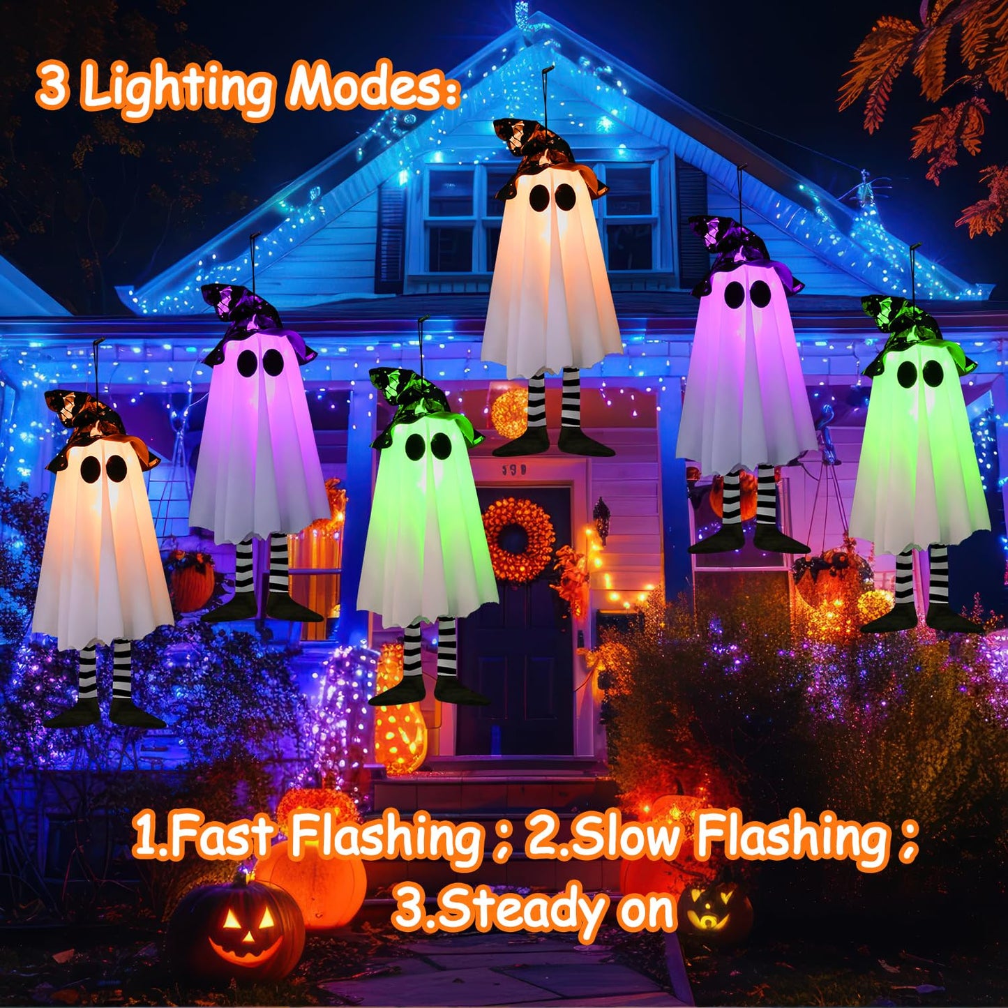 3 Pack Halloween Hanging Ghosts Halloween Decorations Outdoor, Lighted Glowing Ghost Witch Hat with Orange Purple Green Lights, Ghost Scary Outside Decor for Party Home Yard Tree Garden