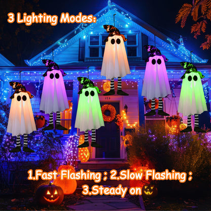 3 Pack Halloween Hanging Ghosts Halloween Decorations Outdoor, Lighted Glowing Ghost Witch Hat with Orange Purple Green Lights, Ghost Scary Outside Decor for Party Home Yard Tree Garden
