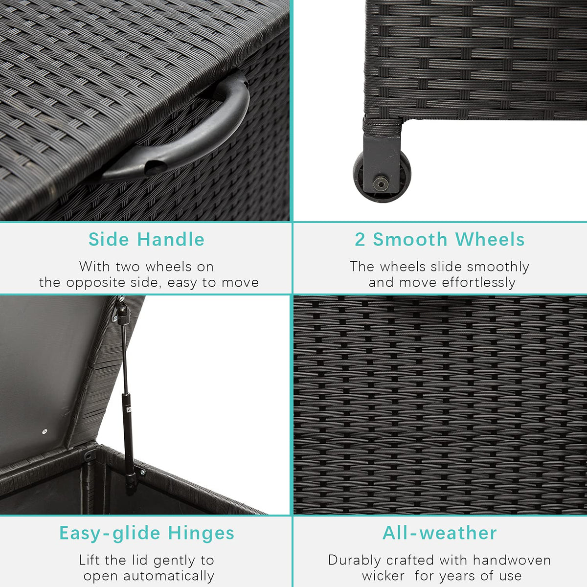 Celah 120 Gallon Outdoor Deck Box Storage Container, Rattan Wicker Storage Box with Handles and Wheels for Patio Furniture Cushions, Garden Tools, Pool Accessories (Black)