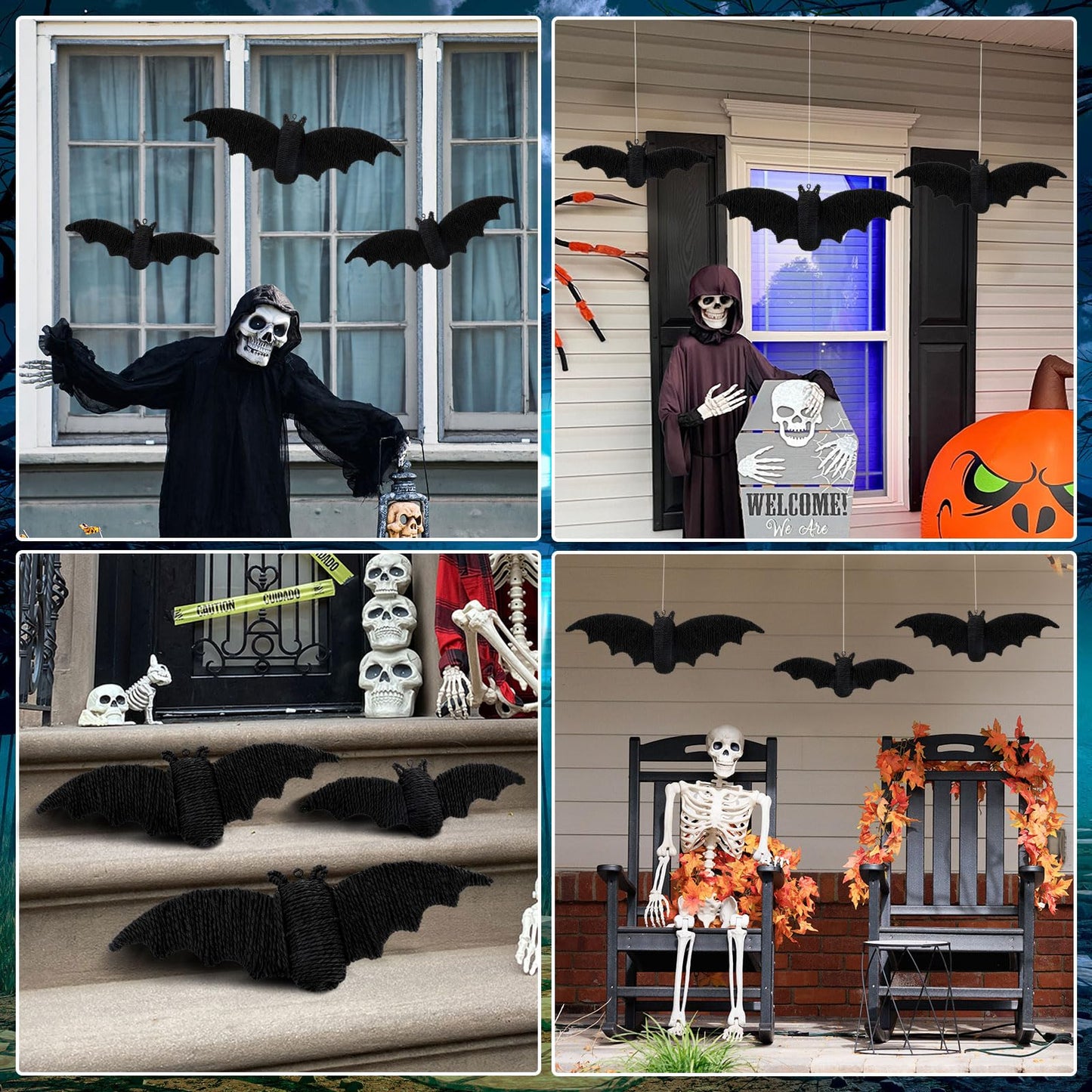 Beeveer 3 Pcs Woven Rattan Bat Wall Hanging Halloween Decor, 3D Scary Handcrafted Black Rope Bats, Rustic Natural Farmhouse Halloween Creepy Decorations for Home Fireplace Door, 9.06/7.48/5.91 Inch