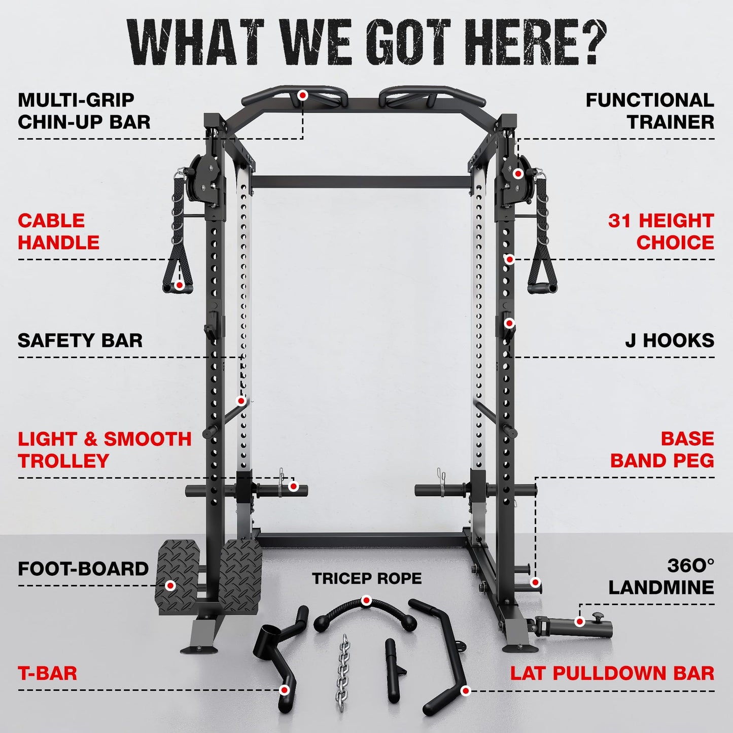 GOIMU DP01 Power Cage, 2000LBS Squat Rack with with Cable Crossover and Dual Independent Pulley System, Full Cage for Full Body Training, Power Rack with More Training Attachments for Home Gym(BK-Pro)