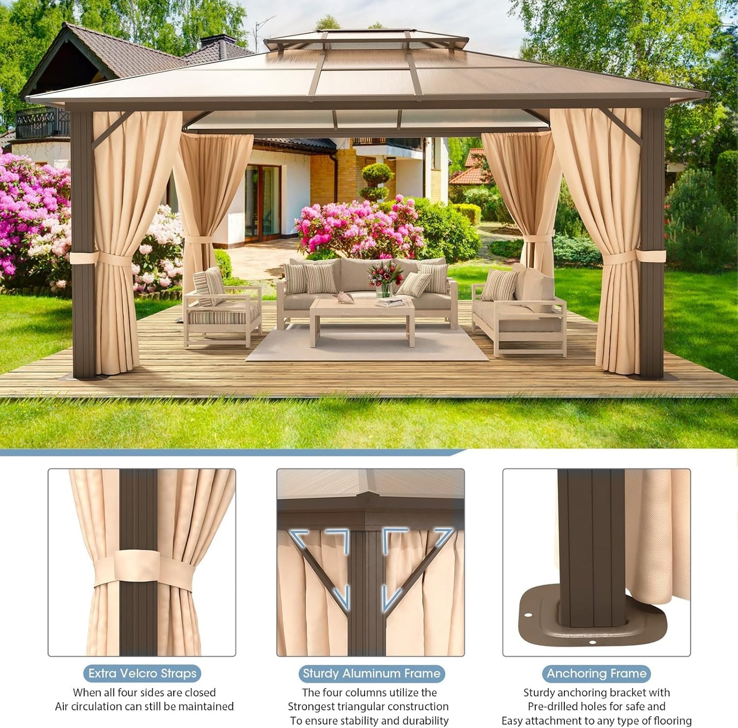 Hardtop Gazebo, Aluminum Frame Permanent Pavilion with Curtains and Netting, Outdoor Polycarbonate Gazebo, Double Roof Canopy, for Gardens, Patios, Lawns 10x12FT
