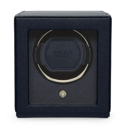 Wolf Cub Single Watch Winder with Glass Cover, Navy - Secure Fit with Patented Lock-in Dynamic Cuff - Accommodates All Wrist Sizes - Vegan Leather - Includes Universal Adapter