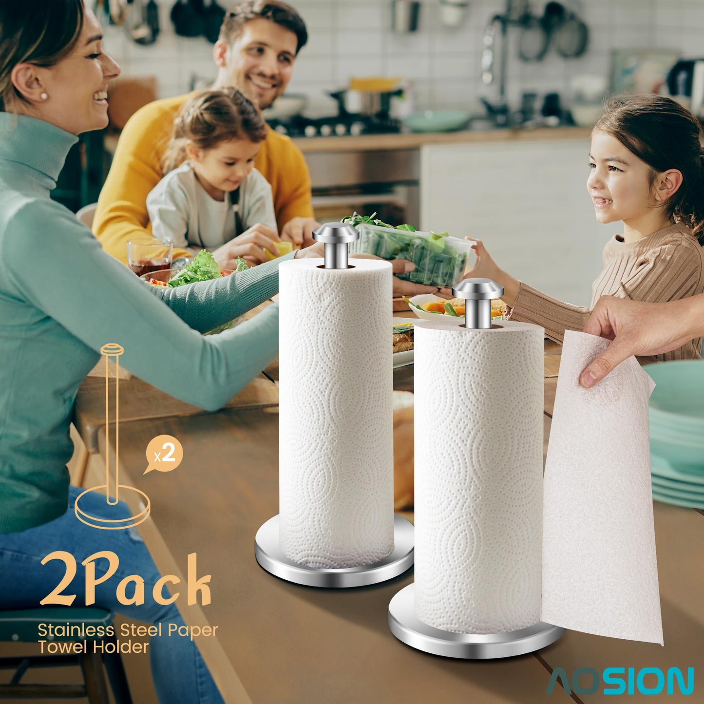 AOSION 2 Piece Stainless Steel Weighted Paper Towel Holder Countertop, Silver Vertical Kitchen Bathroom Paper Towel Holder, with Non-Slip Base