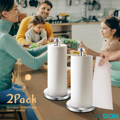 AOSION 2 Piece Stainless Steel Weighted Paper Towel Holder Countertop, Silver Vertical Kitchen Bathroom Paper Towel Holder, with Non-Slip Base