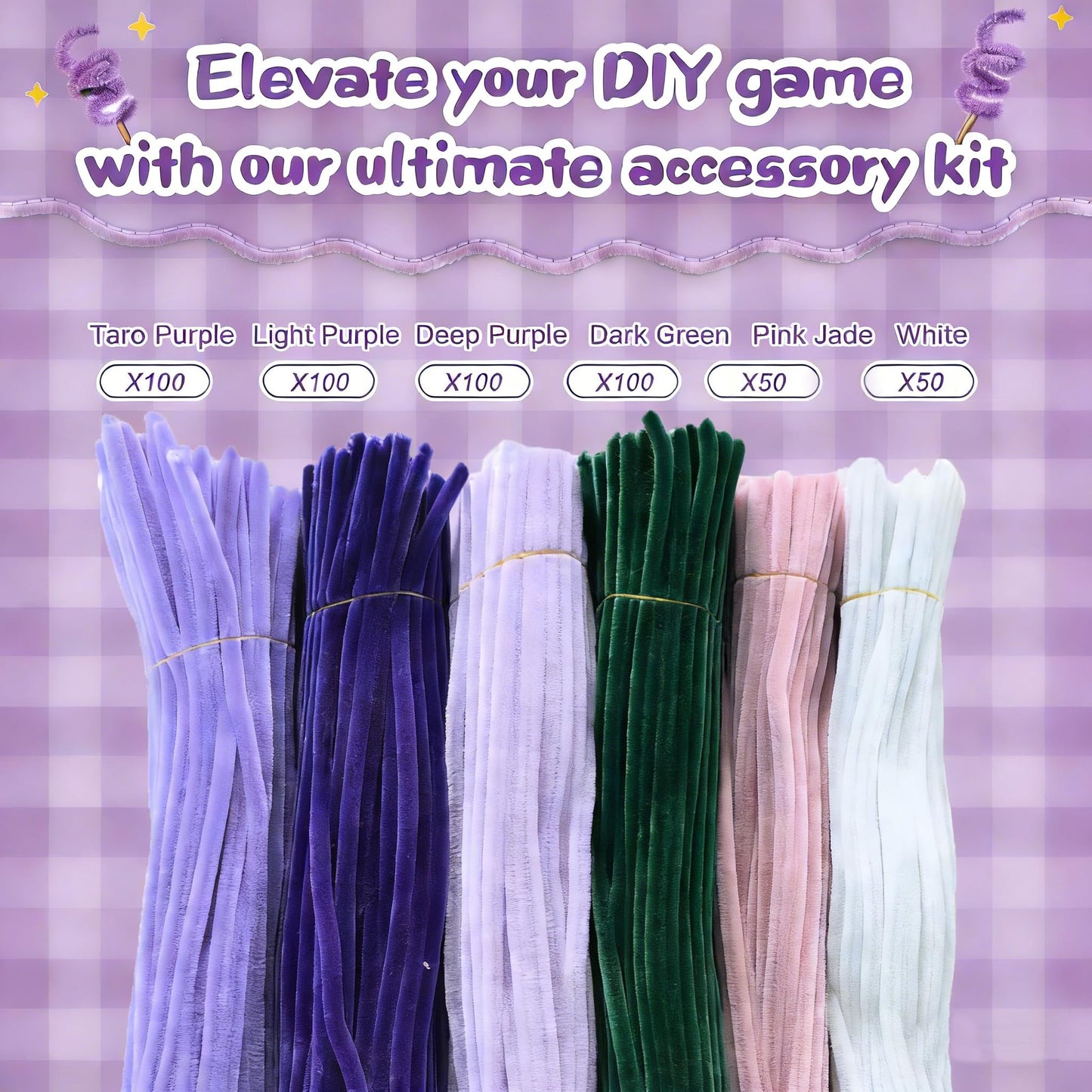 ZFTFZ Purple DIY Pipe Cleaners Bluk Craft - 500pcs Chenille Stems (6 Colors), 25 Floral Stems & Stamen - Includes Mesh, Wrapping Paper & Gift Box for Handmade Rose/Tulip Art