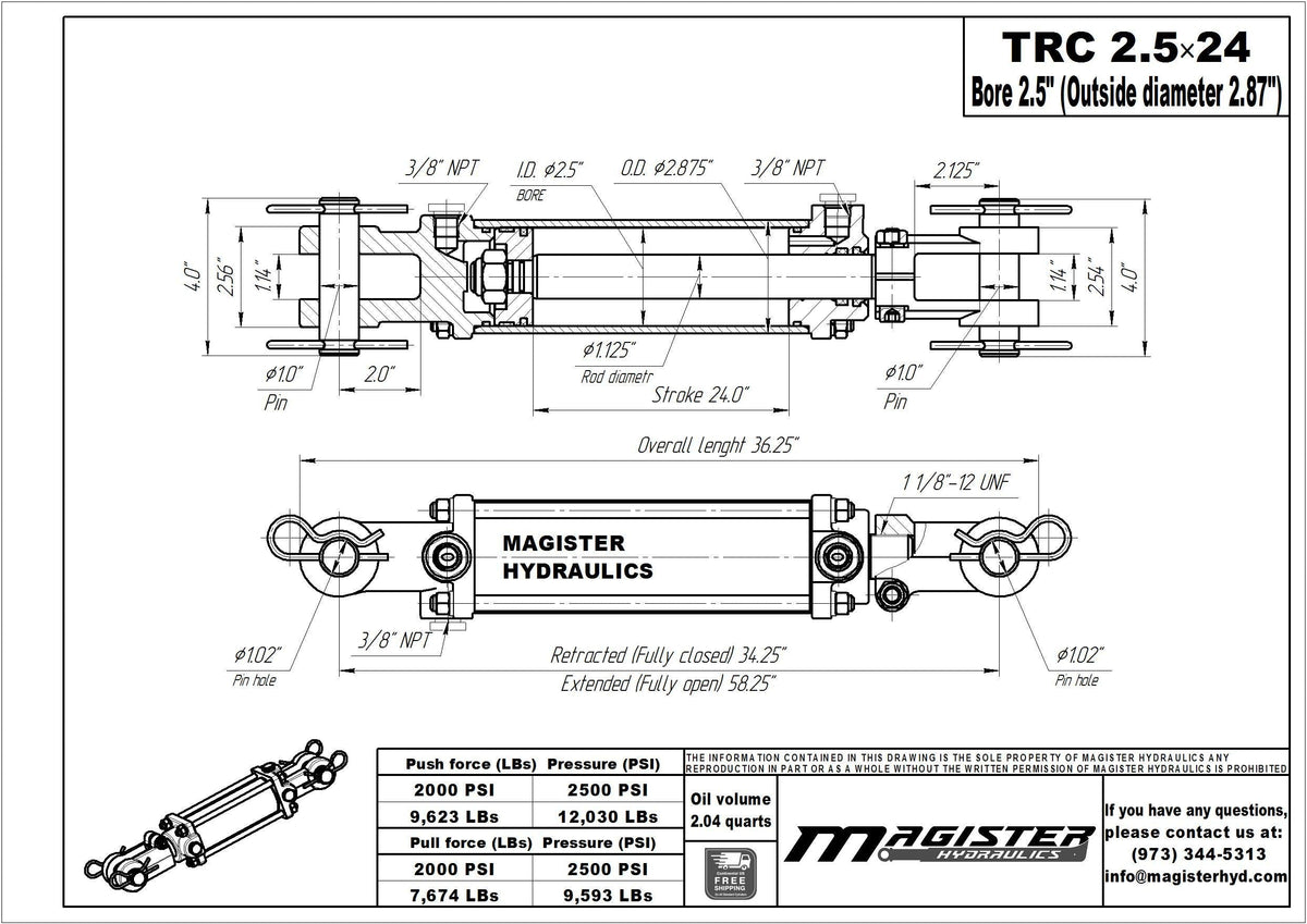 Magister Hydraulics Double Acting Hydraulic Cylinder - AG Tie-Rod Hydraulic Cylinder 2500 PSI Agriculture Standard 2.5" bore 24" Stroke (2.5x24)