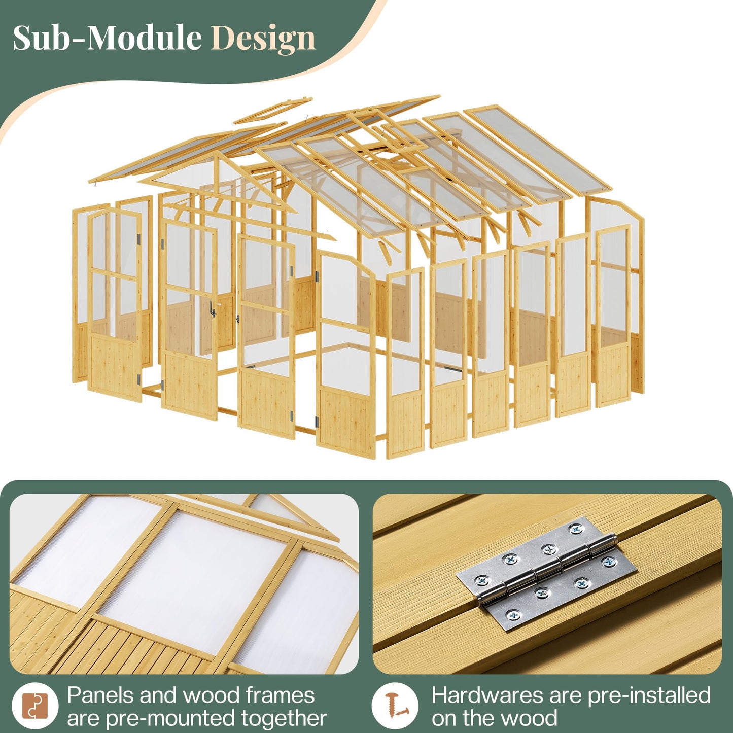 Jocisland 10x10 Ft Wood Greenhouse, Wooden Greenhouse for Outdoors with Lockable Door, Walk-in Cedar Greenhouse with Adjustable 2 Roof Vents, Polycarbonate Greenhouse for Outdoors, Garden, Backyard