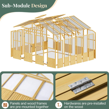 Jocisland 10x10 Ft Wood Greenhouse, Wooden Greenhouse for Outdoors with Lockable Door, Walk-in Cedar Greenhouse with Adjustable 2 Roof Vents, Polycarbonate Greenhouse for Outdoors, Garden, Backyard