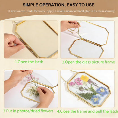 HBLEDOT Pressed Flower Frames, Wall Hanging Double Glass Picture Frames with Chain for Dried Flowers Plants Wall Decor,Only Frame and tweezers (Gold-6PCS)