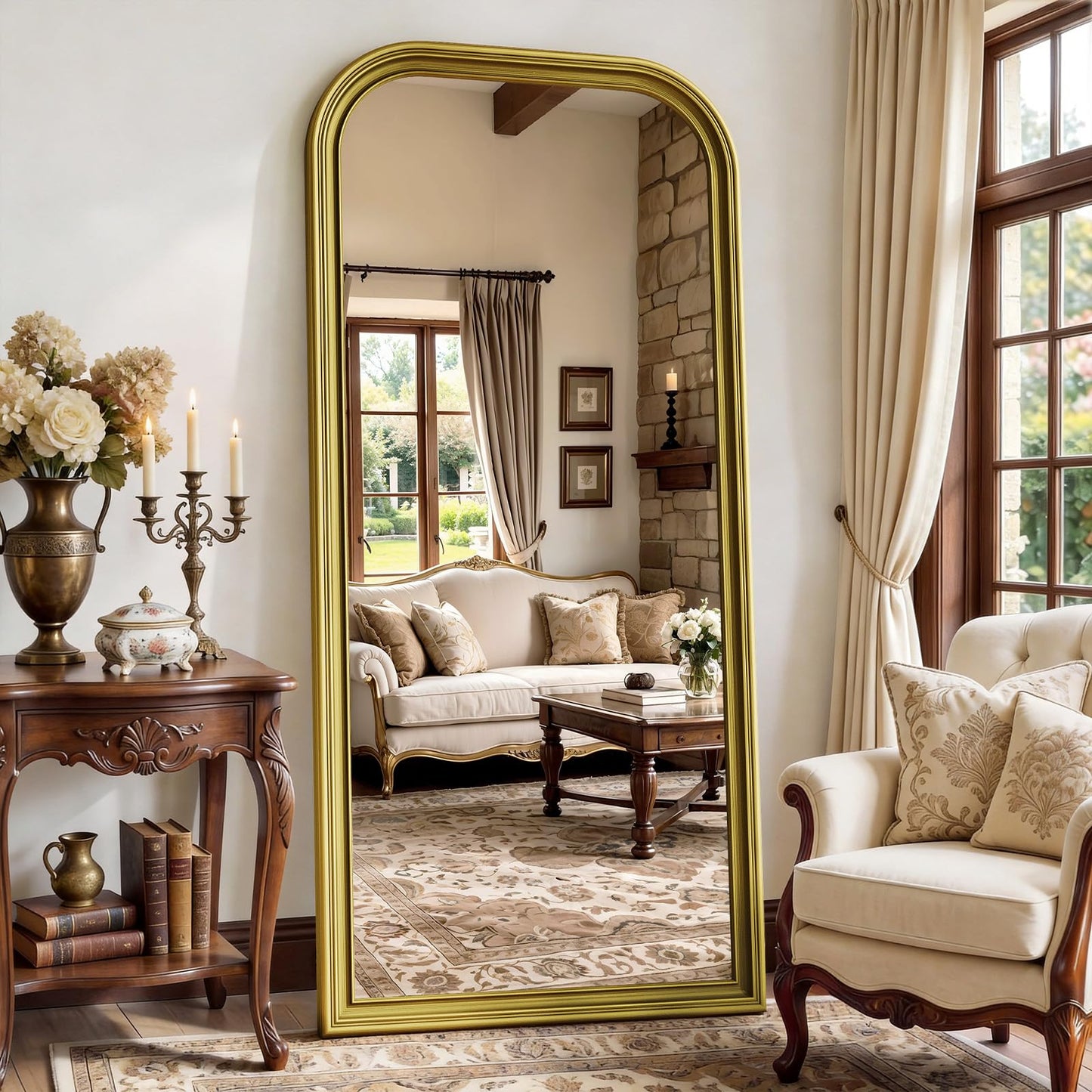 FlyEcho Full Length Mirror with Stand, 71"x32" Full Body Mirror, Floor Length Mirrors Wall Mounted with Rounded Top, Large Standing Mirrors, PU Frame, for Bedroom Living Room Cloakroom, Antique Gold