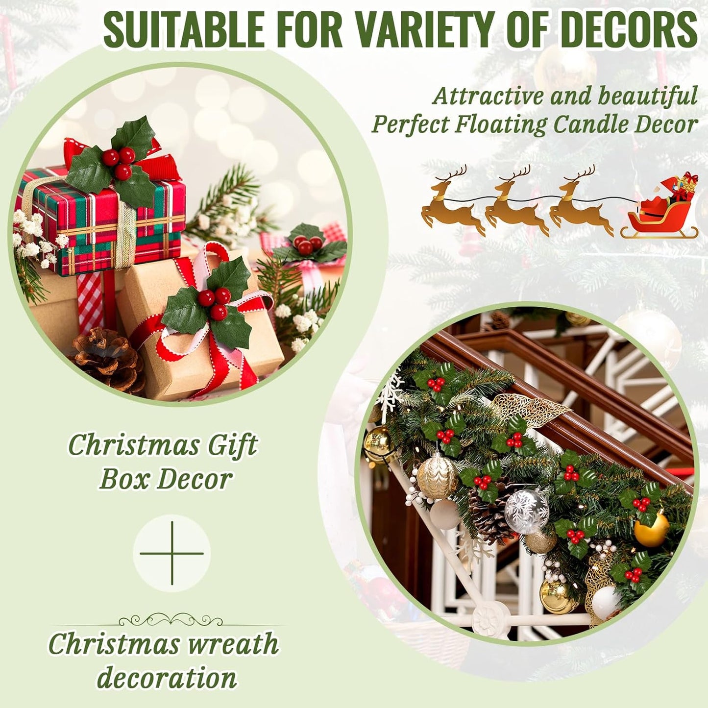 Christmas Holly Berries for Crafts, Faux Flowers and Holly Leaves, 50 Pcs for Wreath Fillers