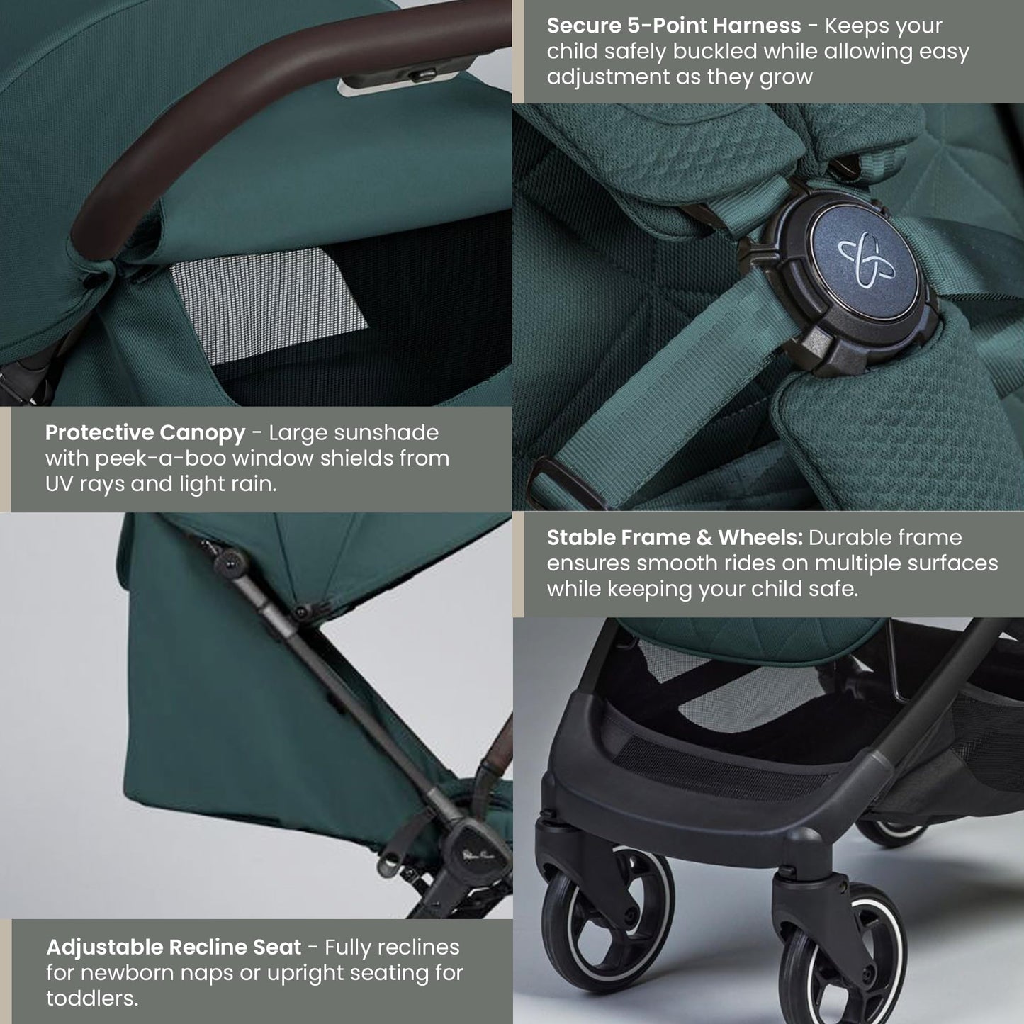 Silver Cross Clic Compact Travel Stroller – (Conifer) – Lightweight Baby Stroller for Airplane Travel – One-Hand Fold, Lie-Flat Infant & Toddler Seat – Birth to 55 lb
