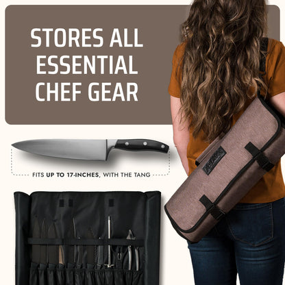 Asaya Waxed Nylon Chef Knife Roll Bag with 20 Slots and Zippered Pockets - Professional Chef Knife Bag & Storage Case, Tool Carrier with Shoulder Strap - Knives Not Included (Brown)