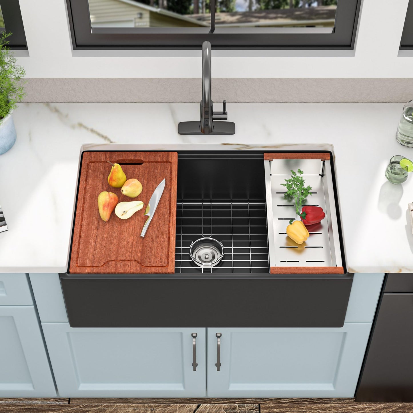 Fulorni 33"x20" Black Farmhouse Sink Workstation – Reversible Apron Front with Ledge, Matte Black Porcelain Ceramic Fireclay Single Bowl Farm Kitchen Sink Basin