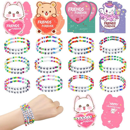 Valentines Day Cards for Kids, 24 Pack Valentines Gift Classroom Cards with Galentines Friendship Bead Bracelets, Valentines Gift Exchange for Boys Girls, Valentines Party Favors Supplies for Kids